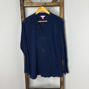 Lilly Pulitzer Navy Blue Embroidered Freya Women's Tunic Top Size S